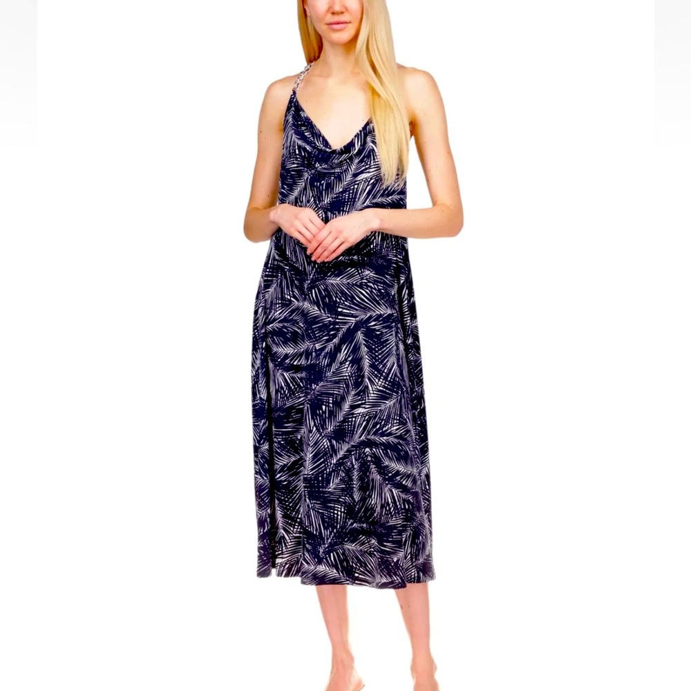 🆕MICHAEL MICHAEL KORS Ladies Navy Open Back Unlined Chain-link Strap Midi
Dress